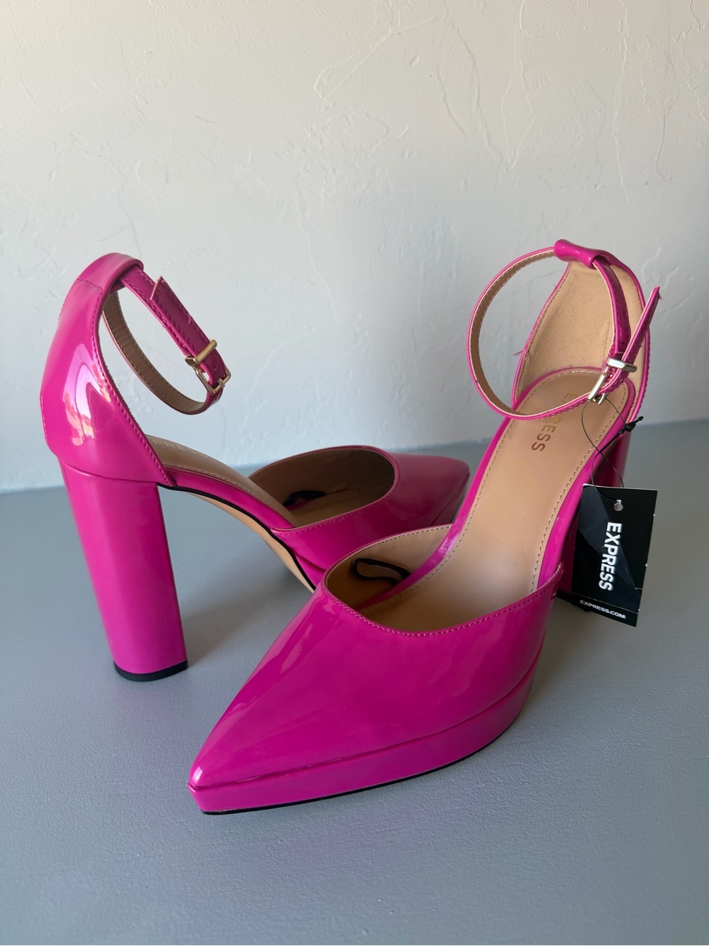 Express Women's Hot Pink Patent Ankle-Strap Pointed Block Heel
